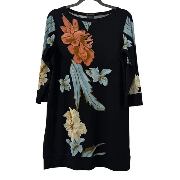 Eva Varro Shift Mini Dress M Black Floral Print 3/4 Sleeve Artsy Travel Comfort - Picture 1 of 3